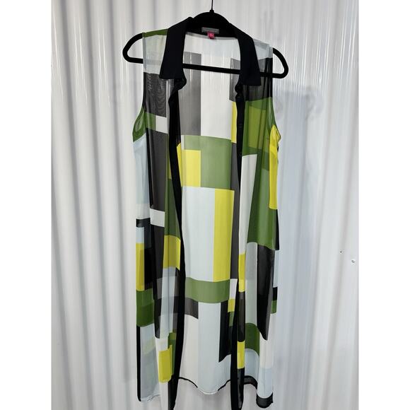 Vince Camuto XL Sheer Black White Yellow Long Maxi Cover Up Dress Short Sleeve - Picture 1 of 5